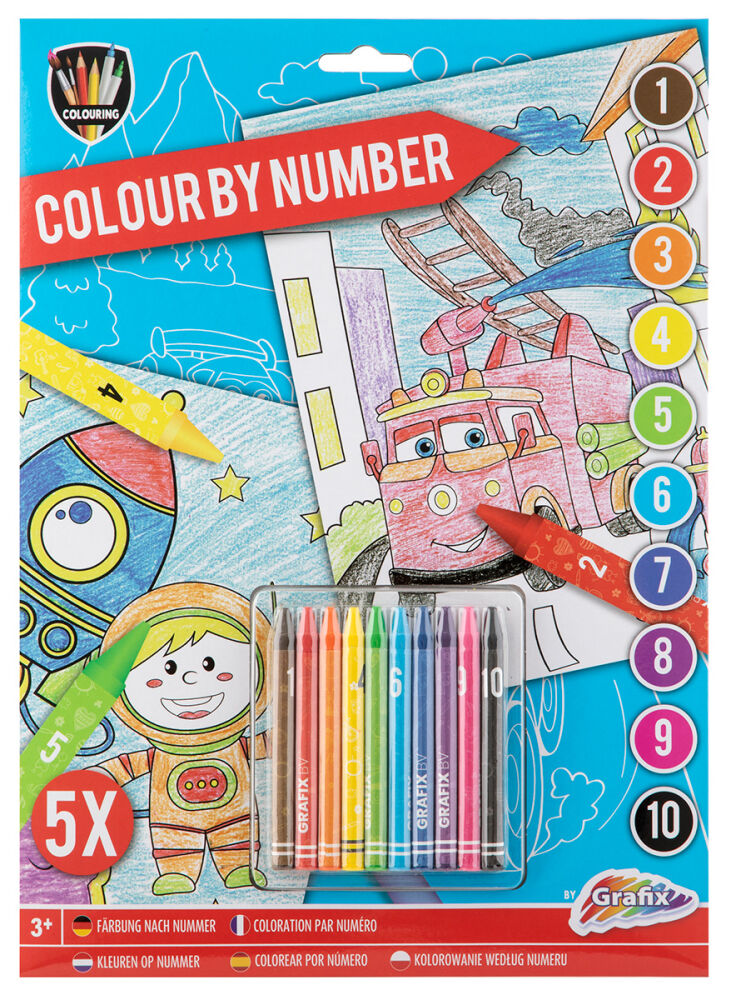 Embalagem do livro de colorir com números A4 de veículos, mostrando um astronauta, um camião de bombeiros e 10 lápis de cera.