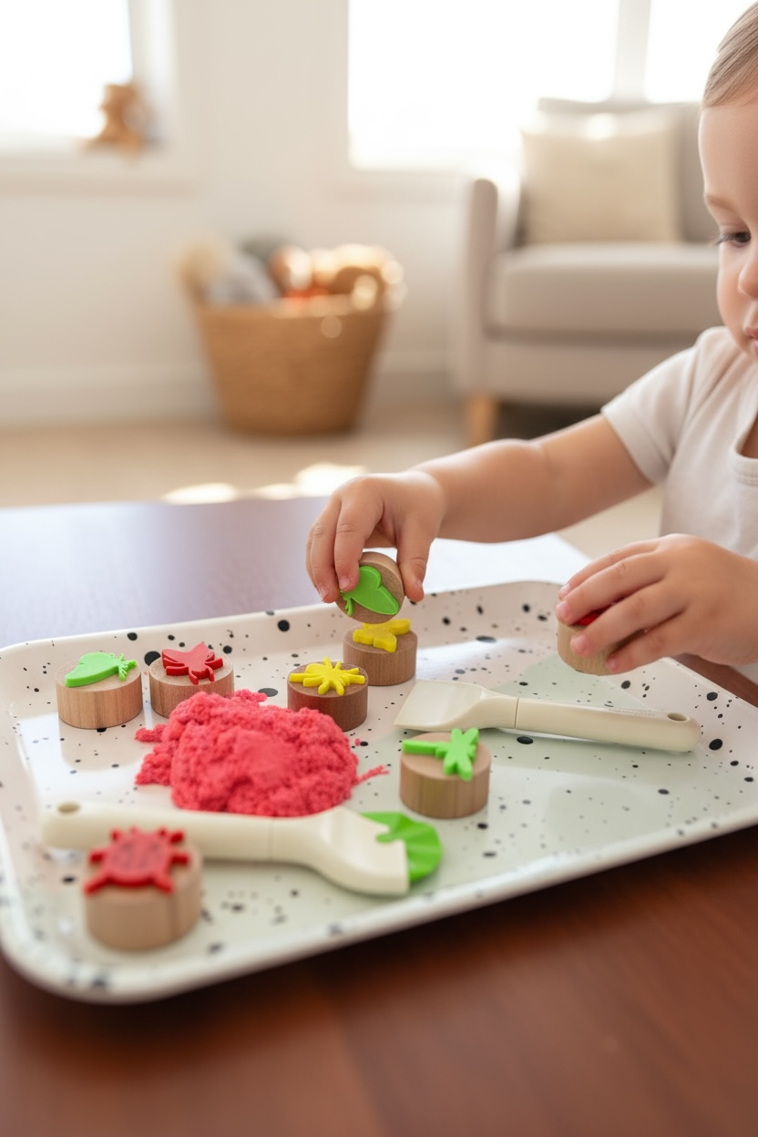 Criança pequena a usar os moldes e ferramentas ChildGen com plasticina vermelha num tabuleiro salpicado.