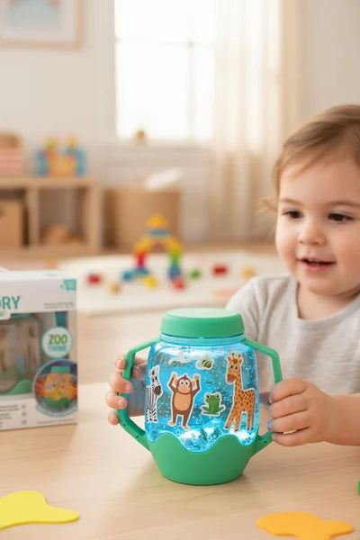 Criança pequena sorridente a segurar o Jarro da Calma Sensorial GloPals iluminado com figuras de animais no interior.