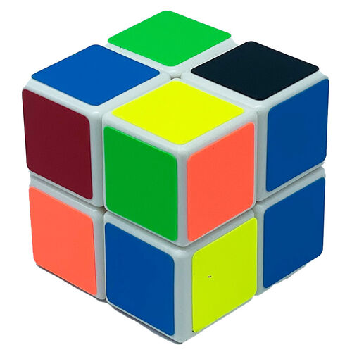 Cubo mágico 2x2 branco com cores vibrantes, mostrando um padrão parcialmente resolvido para ilustrar o desafio.