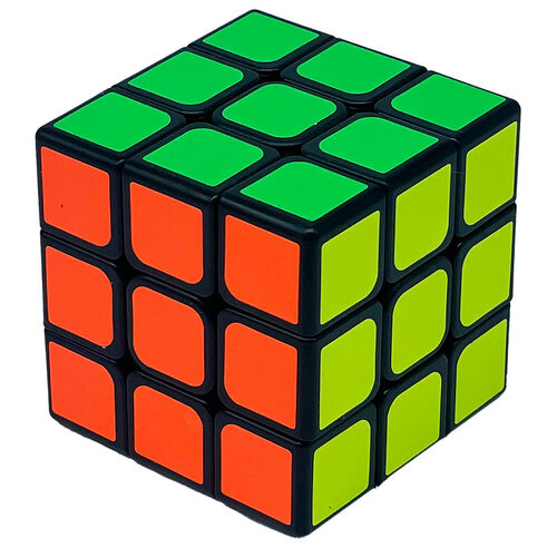 Cubo mágico 3x3 preto, laranja e verde, mostrando um detalhe da sua construção e cores contrastantes.