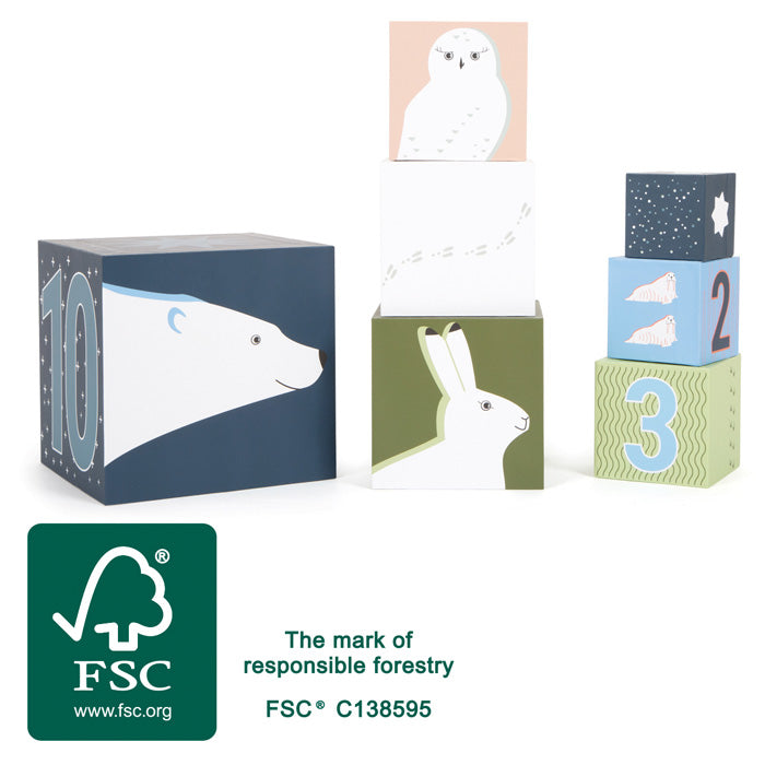 Dois conjuntos de cubos de empilhar Ártico da small foot, mostrando detalhes dos animais e o selo FSC.