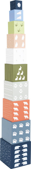 Uma torre alta dos dez cubos de empilhar Ártico da small foot, mostrando a sua altura e o design de cada cubo.