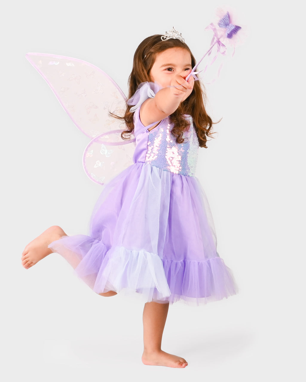 Conjunto de fada borboleta lilás da Den Goda Fen com vestido, asas e varinha, disfarce para menina