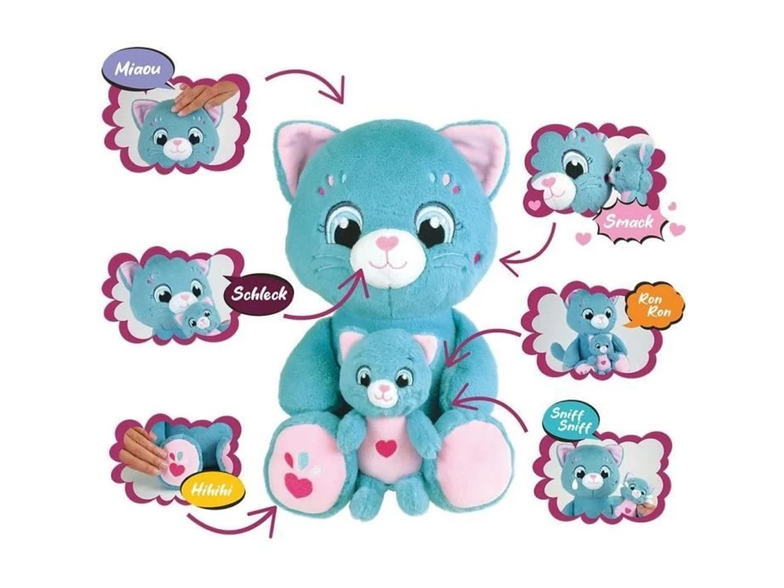 Infográfico a demonstrar as 6 funções interativas do peluche Jemini Toonies Mãe Gata e Bebé, incluindo miar, rir, beijar e ronronar.