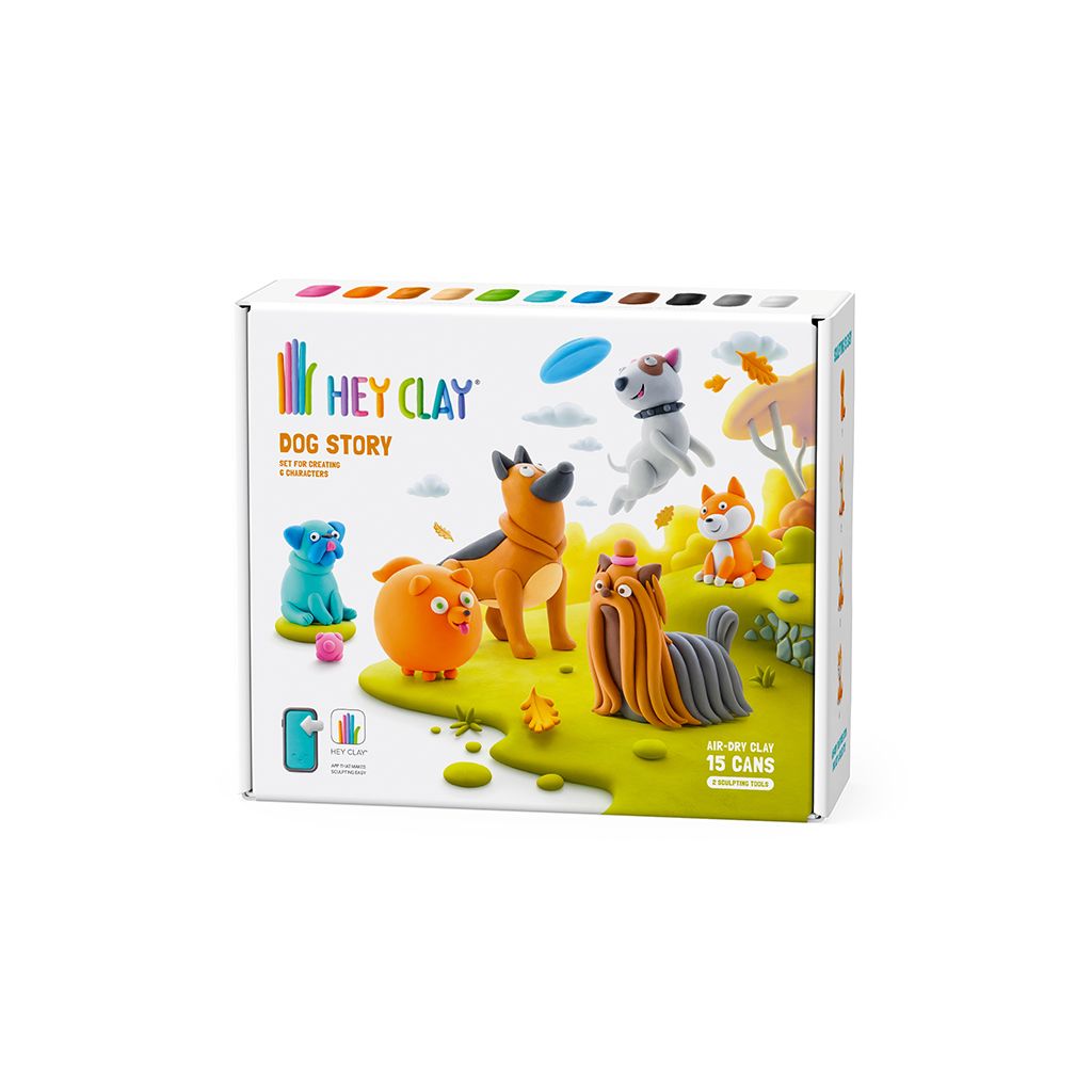 Caixa do HEY CLAY Dog Story, com pasta de modelar para criar seis cães diferentes e cenários de brincadeira.