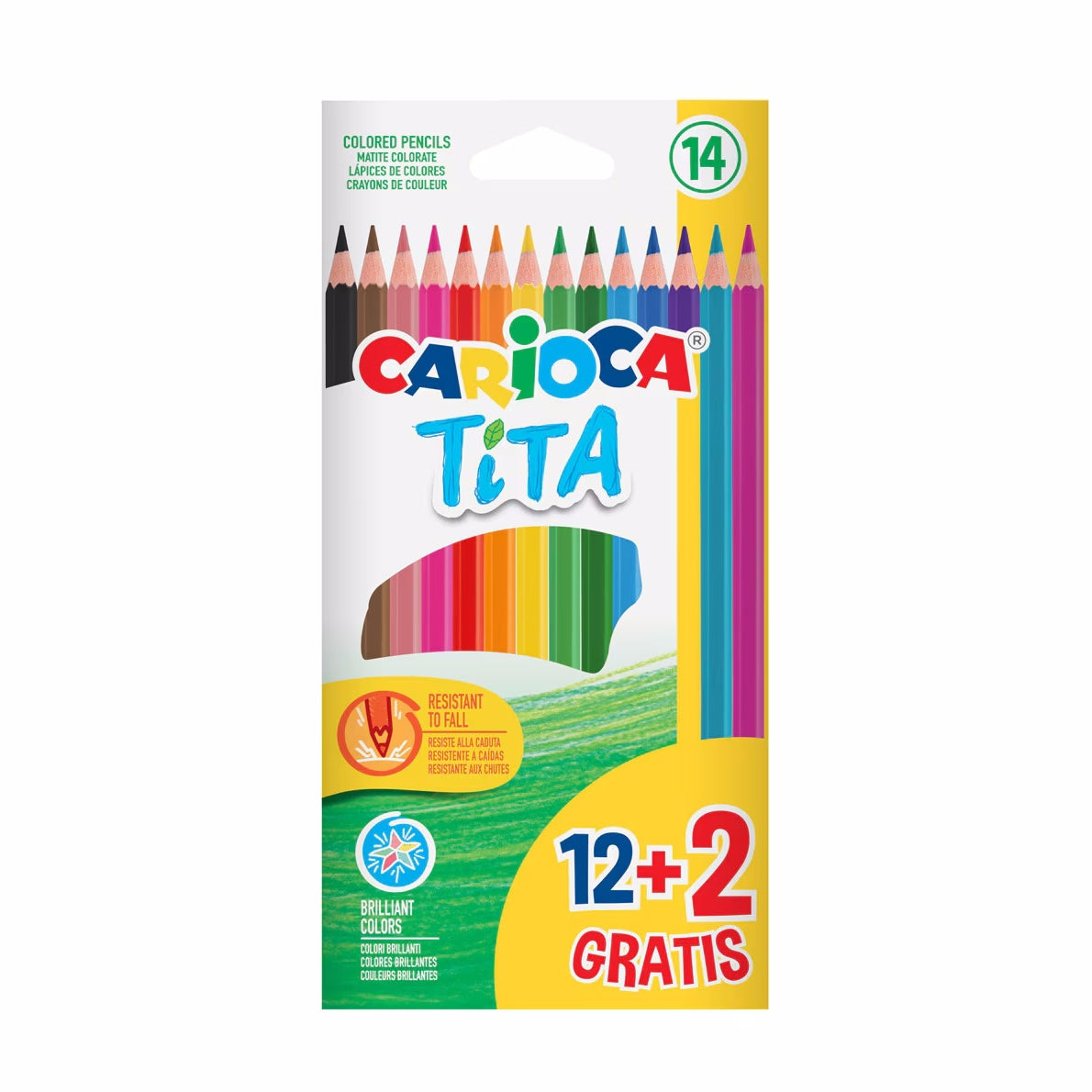 Embalagem de 14 lápis de cor Carioca Tita, com 12+2 grátis, destacando resistência a quedas e cores brilhantes.