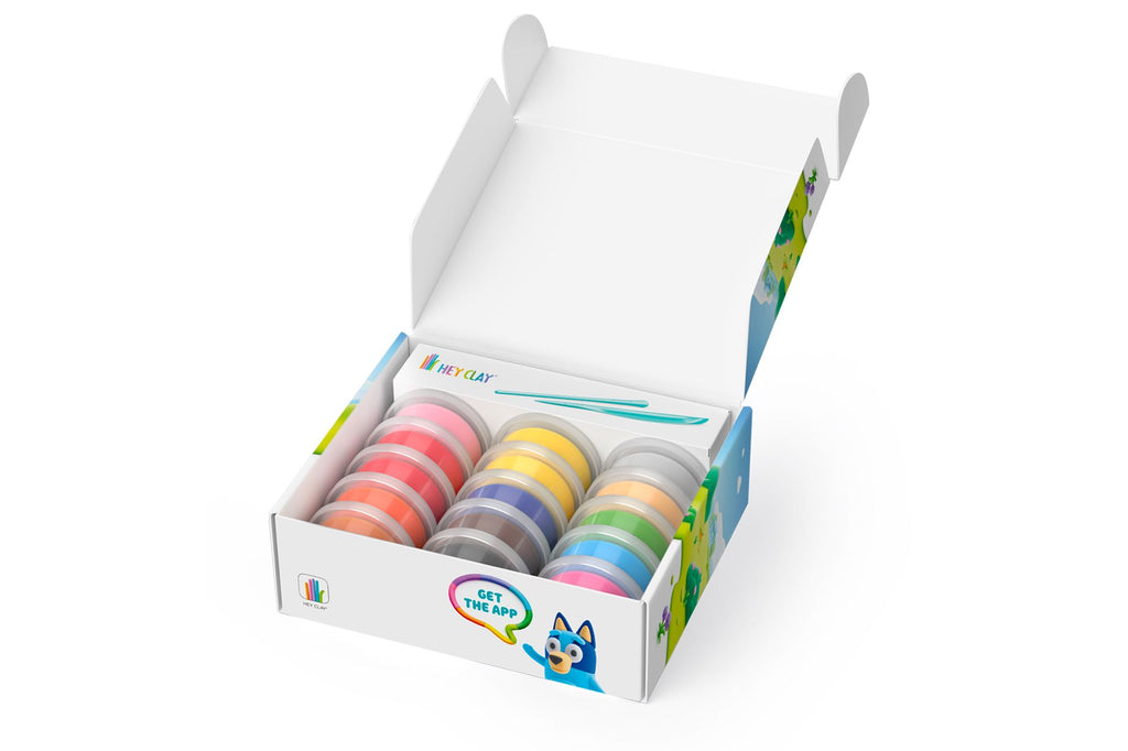 Caixa aberta do conjunto HEY CLAY - Conjunto de Pasta de Modelar Bluey e Amigos, revelando as 15 latas de pasta de modelar de diferentes cores e as ferramentas de escultura.