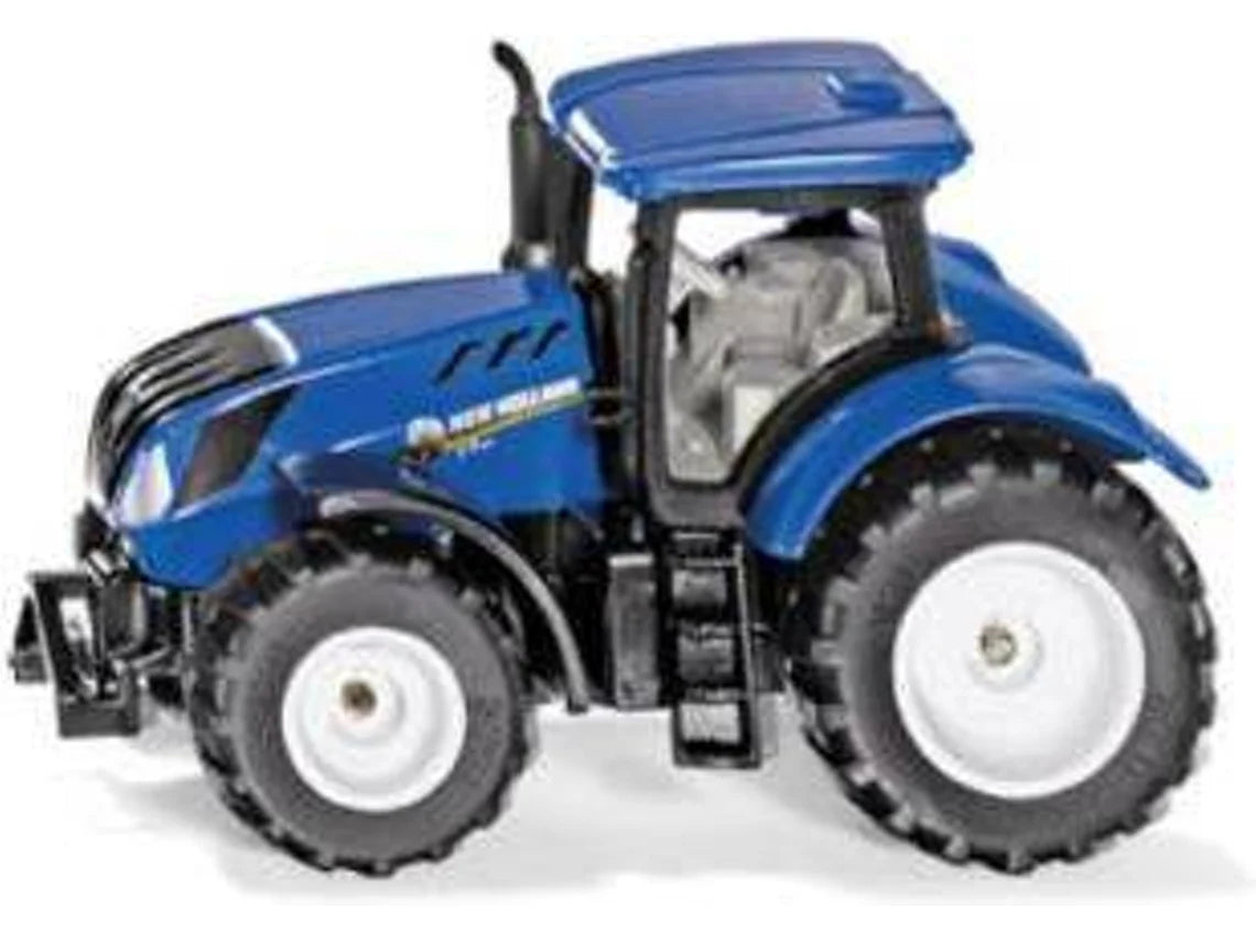 Miniatura de trator New Holland T7.315 azul, vista lateral, com rodas grandes e detalhe da cabine.