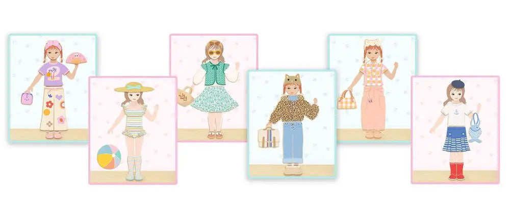 Exposição de seis figuras com diferentes conjuntos de roupa criados com as peças magnéticas do jogo Djeco, mostrando a diversidade de estilos.