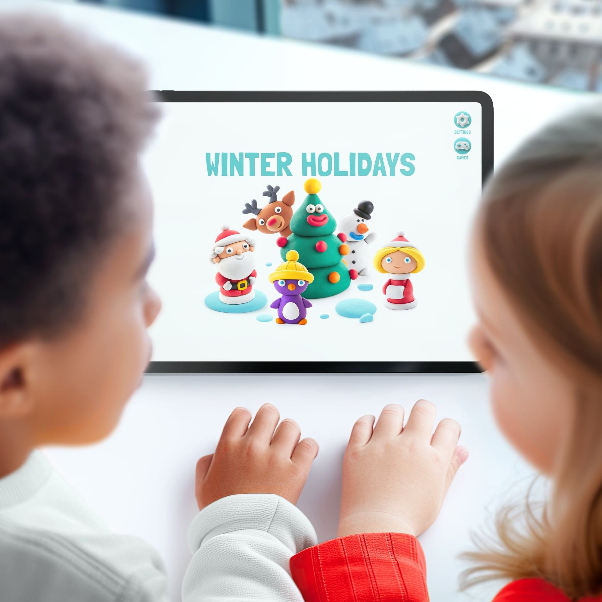Duas crianças a olhar para um tablet que exibe a aplicação HEY CLAY com os personagens do conjunto Winter Holidays.