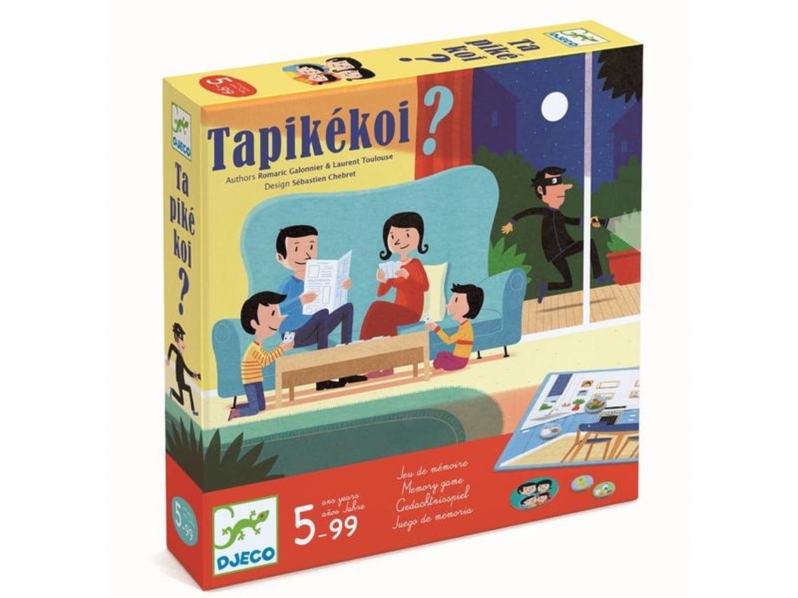 Caixa do jogo de memória Djeco Tapikékoi, mostrando uma família na sala e um ladrão na janela, com a idade recomendada 5-99 anos.