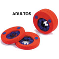 Discos flutuadores Delphin para adultos, cor laranja e azul, mostrando a flexibilidade e o design evolutivo para aprendizagem de natação.