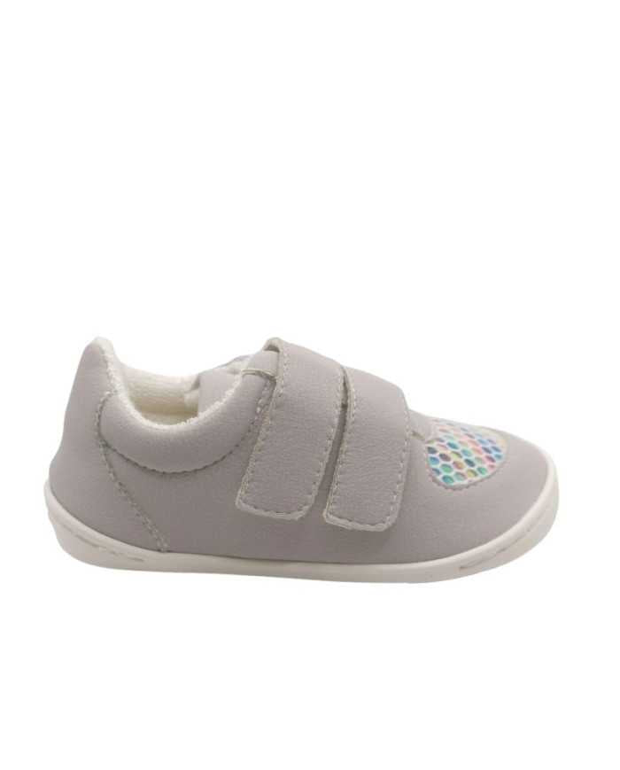 Sapatilha Baby Lobitos Barefoot Sneakers Glaciar, cinzenta com biqueira de rede colorida, vista lateral esquerda.