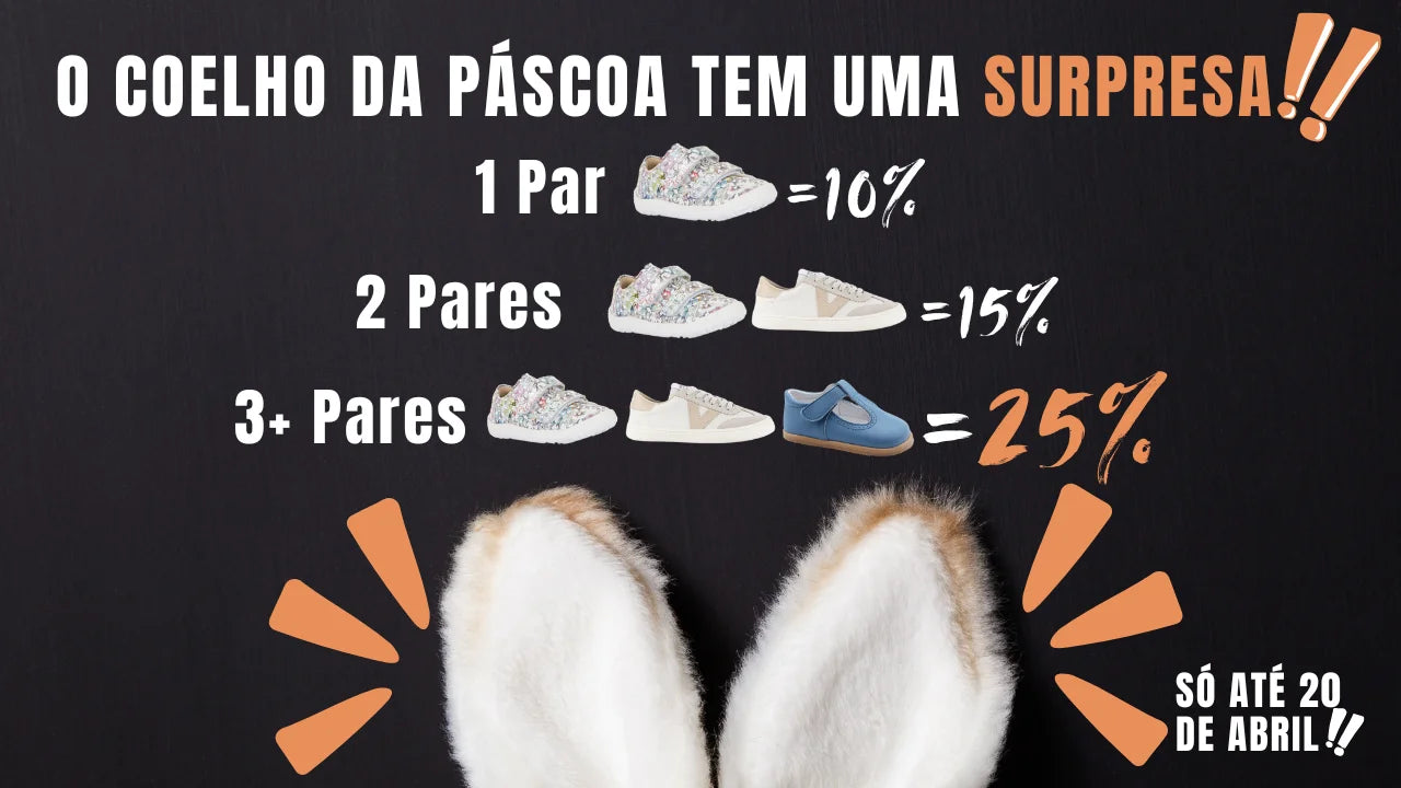 Imagem promocional com orelhas de coelho e fundo escuro em formato horizontal. Texto em branco e laranja anuncia descontos progressivos na compra de calçado durante a Páscoa: 10% para 1 par, 15% para 2 pares e 25% para 3 pares. Promoção válida até 20 de abril.