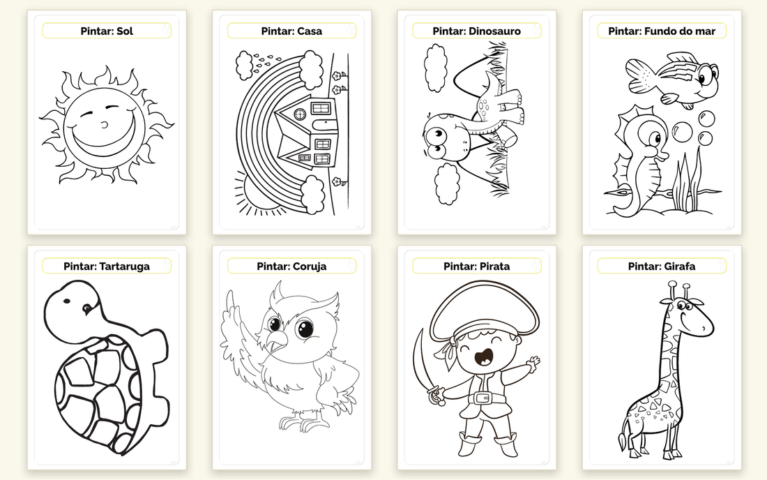 Oito desenhos para colorir do caderno de pintura e desenho do Mega Bundle: sol, casa, dinossauro, fundo do mar, tartaruga, coruja, pirata e girafa