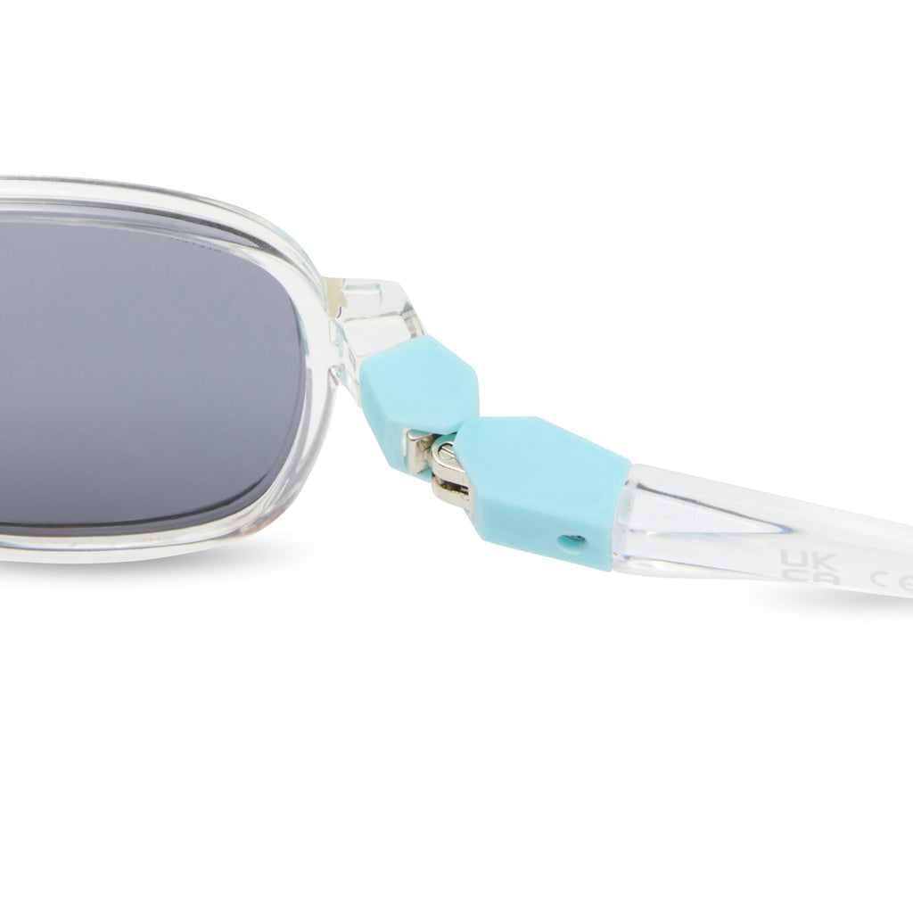 Detalhe da articulação da haste dos óculos de sol Kietla Urban, mostrando a dobradiça de 180 graus em azul claro.