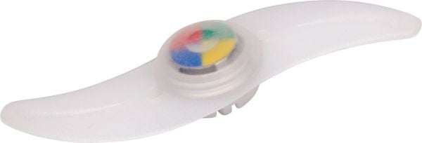 Luz LED para raios de bicicleta em plástico branco com centro colorido.