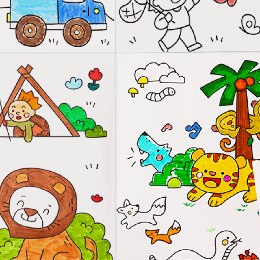 Detalhe de secções do rolo de colorir já preenchidas com cores, apresentando animais como um leão, um tigre e um lobo.