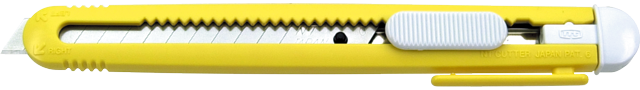Close-up de um X-acto NT amarelo, exibindo o corpo ergonómico, o botão deslizante branco e a lâmina de 9mm segmentada.