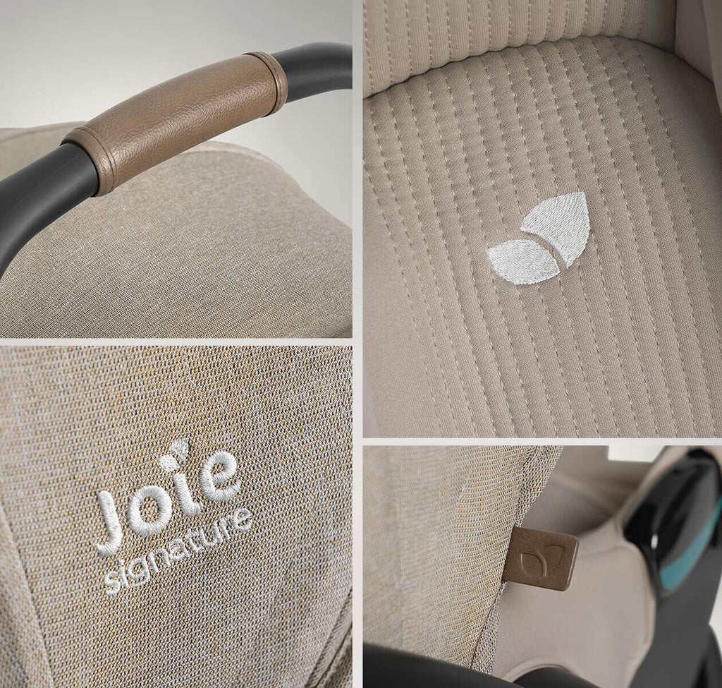 Colagem de quatro detalhes da cadeira auto Joie Signature em tecido bege, mostrando o punho em pele, o logótipo bordado de folha, o logótipo Joie signature bordado e um detalhe do fecho de ajuste.