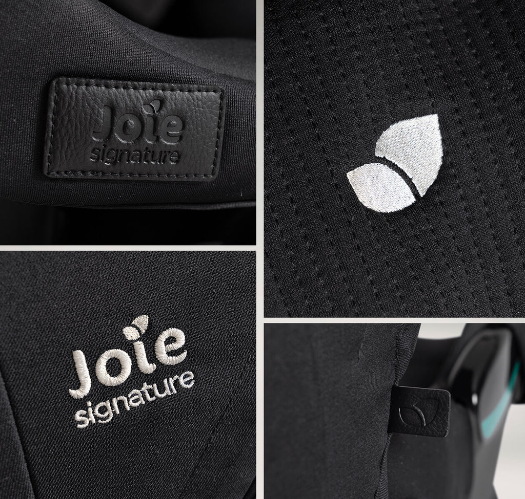 Colagem de quatro detalhes da cadeira auto Joie Signature, mostrando a etiqueta em pele, o logótipo bordado de folha, o logótipo Joie signature bordado e um detalhe da costura.