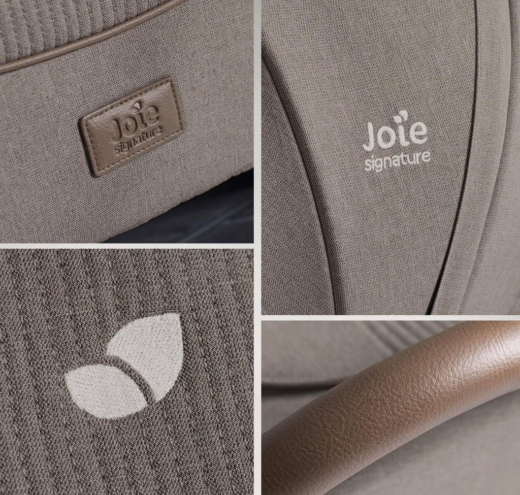 Detalhes da marca Joie Signature, tecido acolchoado e logo da marca em couro no carrinho Joie Finiti Signature na cor bege.
