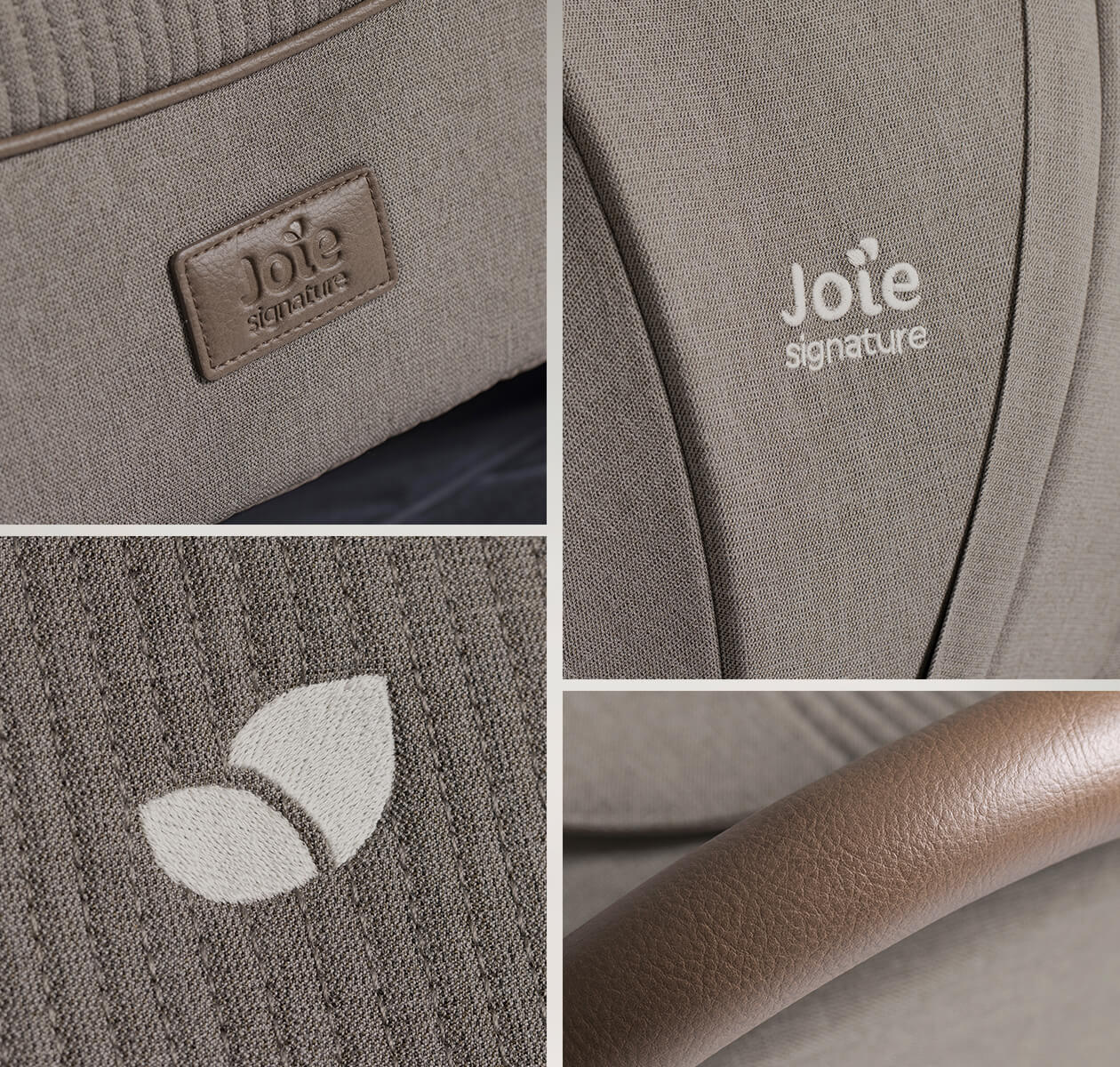 Detalhes da marca Joie Signature, tecido acolchoado e logo da marca em couro no carrinho Joie Finiti Signature na cor bege.
