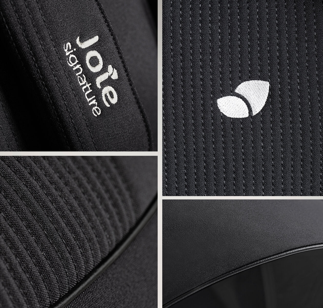 Detalhes da marca Joie Signature, tecido acolchoado e logo da marca em couro no carrinho Joie Finiti Signature.