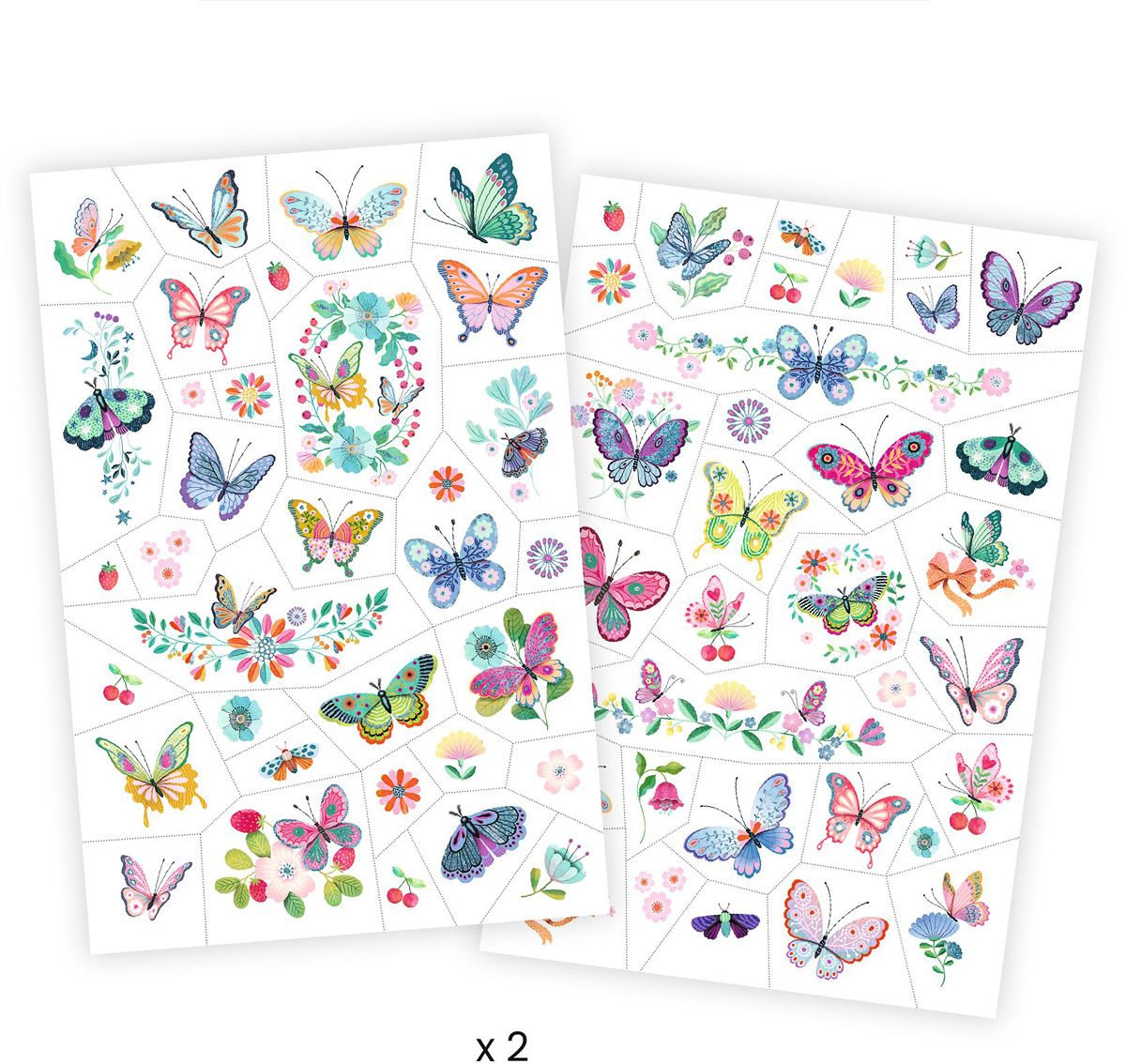 Duas folhas cheias de mais de 50 tatuagens temporárias Djeco com designs variados de borboletas e flores.