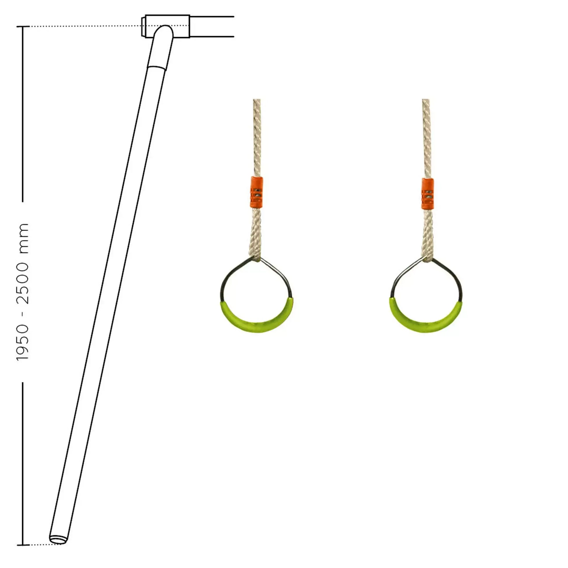 Esquema técnico das dimensões das argolas em metal Soulet, ajustáveis de 75 cm a 115 cm, para estruturas entre 2 m e 2,50 m.