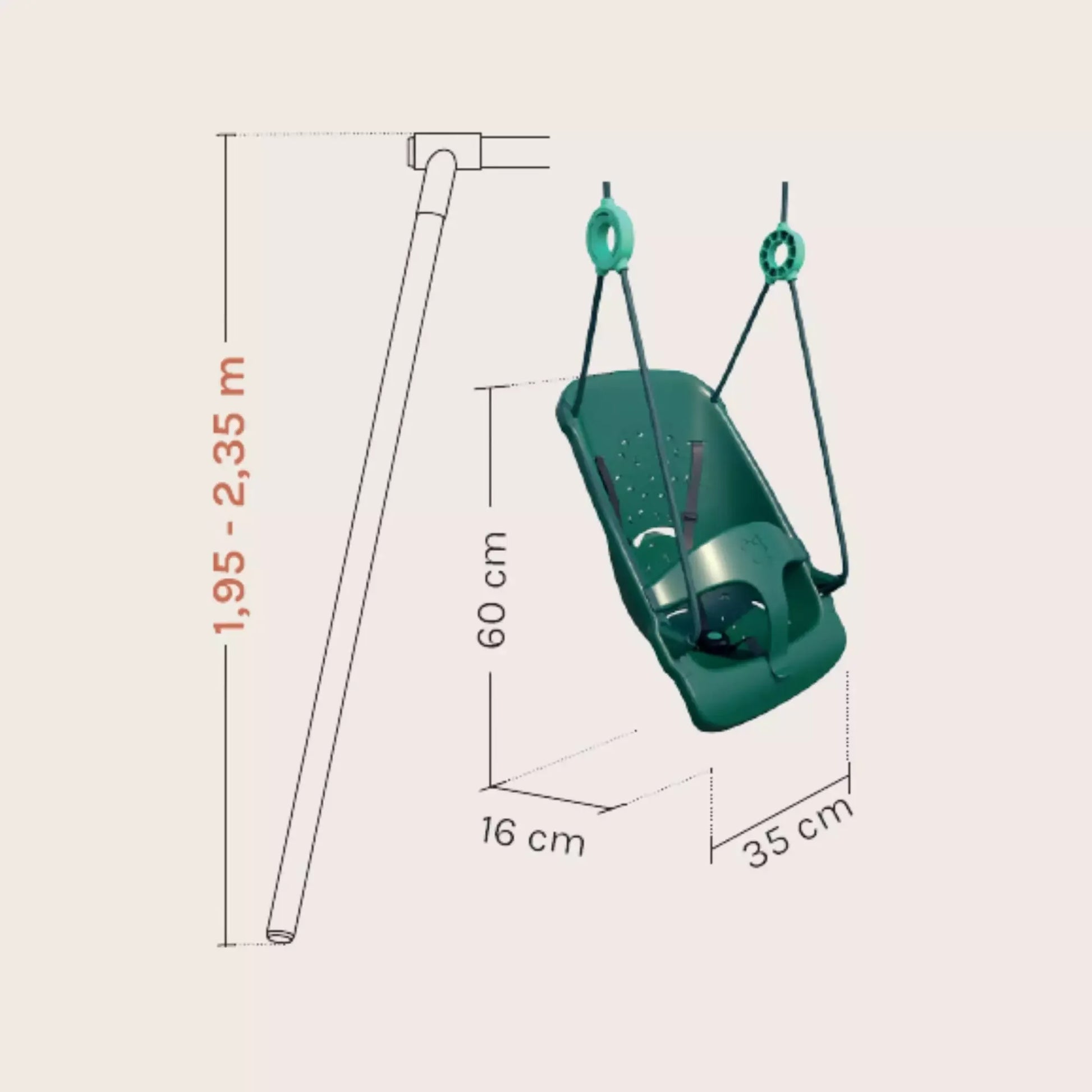 Esquema técnico com dimensões do assento evolutivo LILLY: 35 cm de largura, 60 cm de altura, compatível com estruturas de 195 cm a 235 cm.