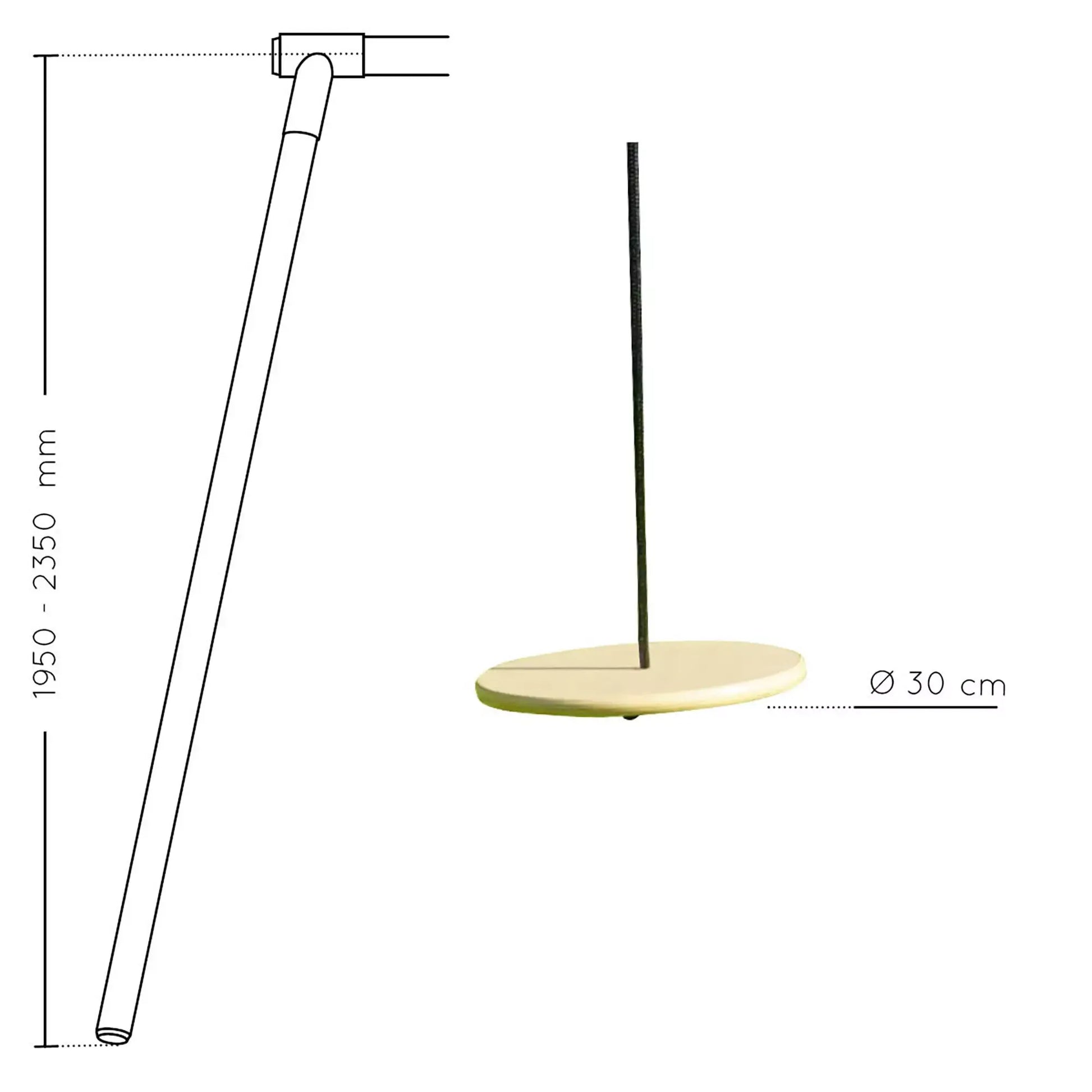 Esquema técnico com dimensões do baloiço em disco de madeira, 30 cm de diâmetro, compatível com estruturas de 195 cm a 235 cm.