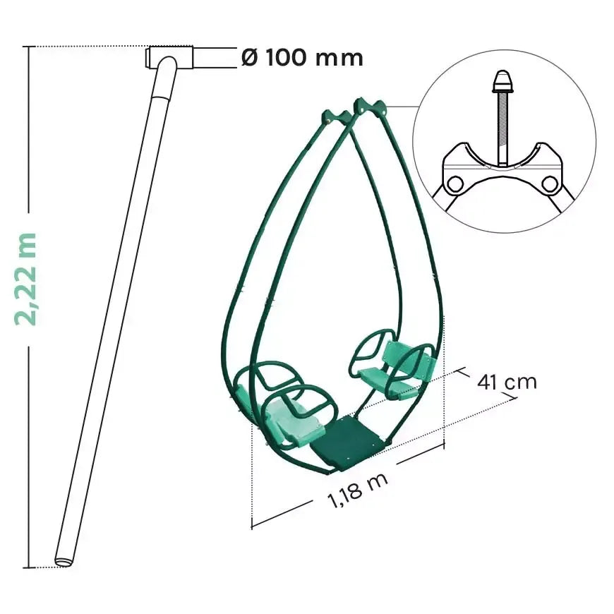 Esquema técnico das dimensões do baloiço duplo em aço galvanizado, com altura de 2,22 m e largura de 118 cm.