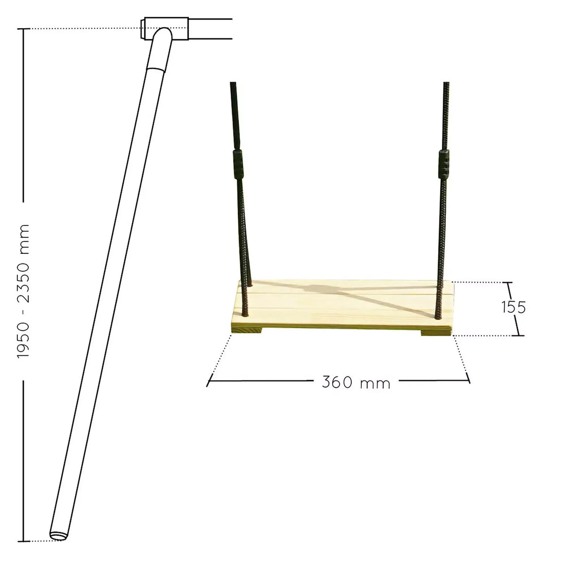 Baloiço em madeira com assento em madeira bruta, cordas ajustáveis e anéis metálicos para instalação em estruturas de 1,95 m a 2,35 m.