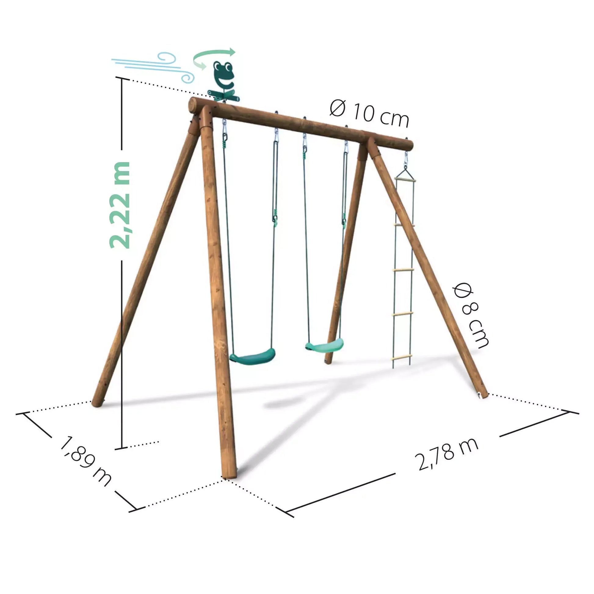 Esquema técnico com as dimensões do baloiço Arthur, incluindo altura total e largura dos pés.