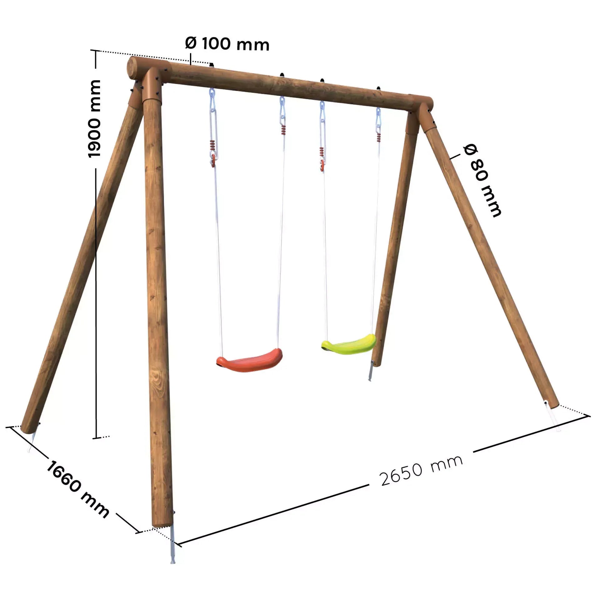  Esquema de dimensões do baloiço em madeira dupla, com altura de 1,95 m e largura de 2,65 m.