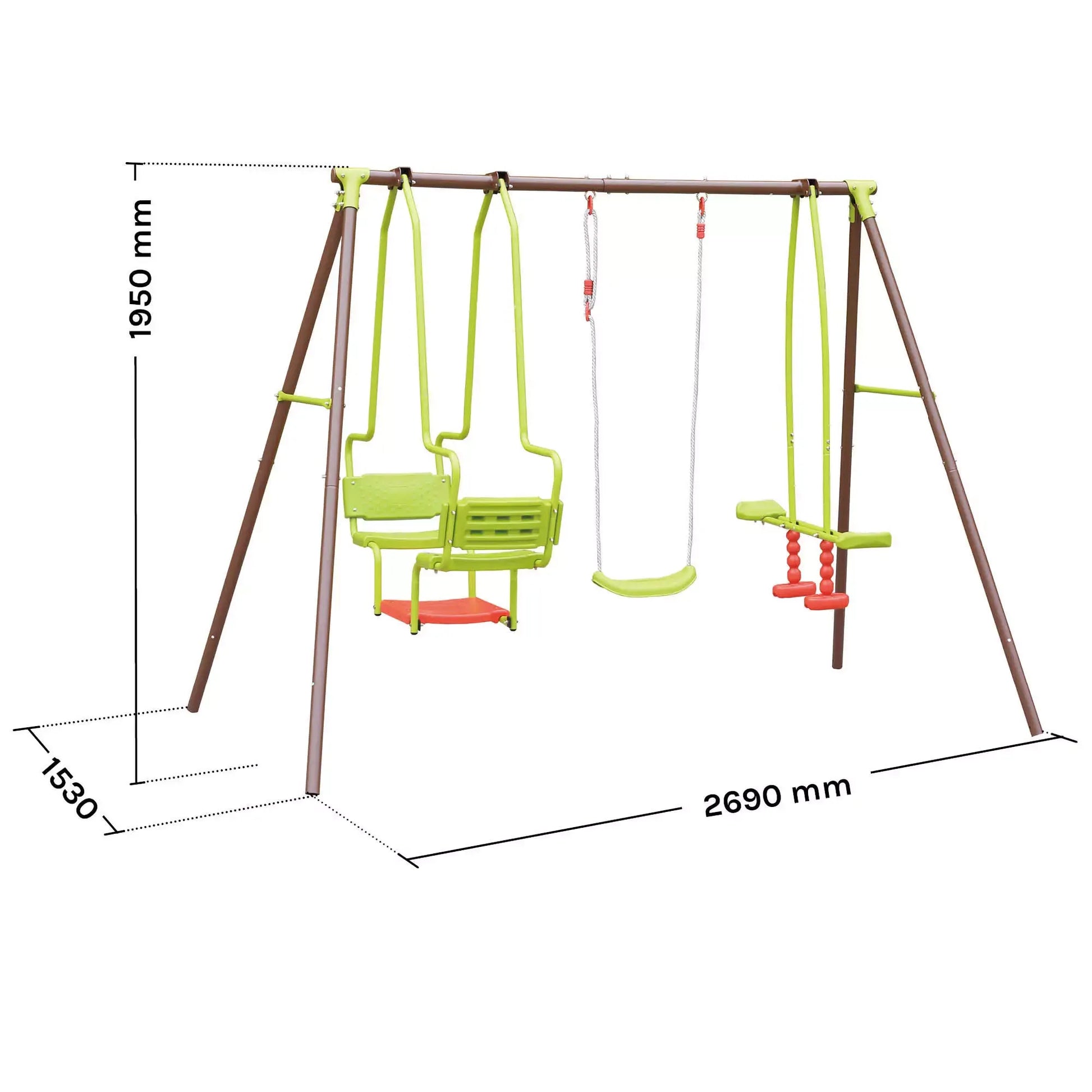 Esquema técnico das dimensões do baloiço Malo, com altura de 1,95 m e largura de 269 cm, detalhando a posição dos assentos.