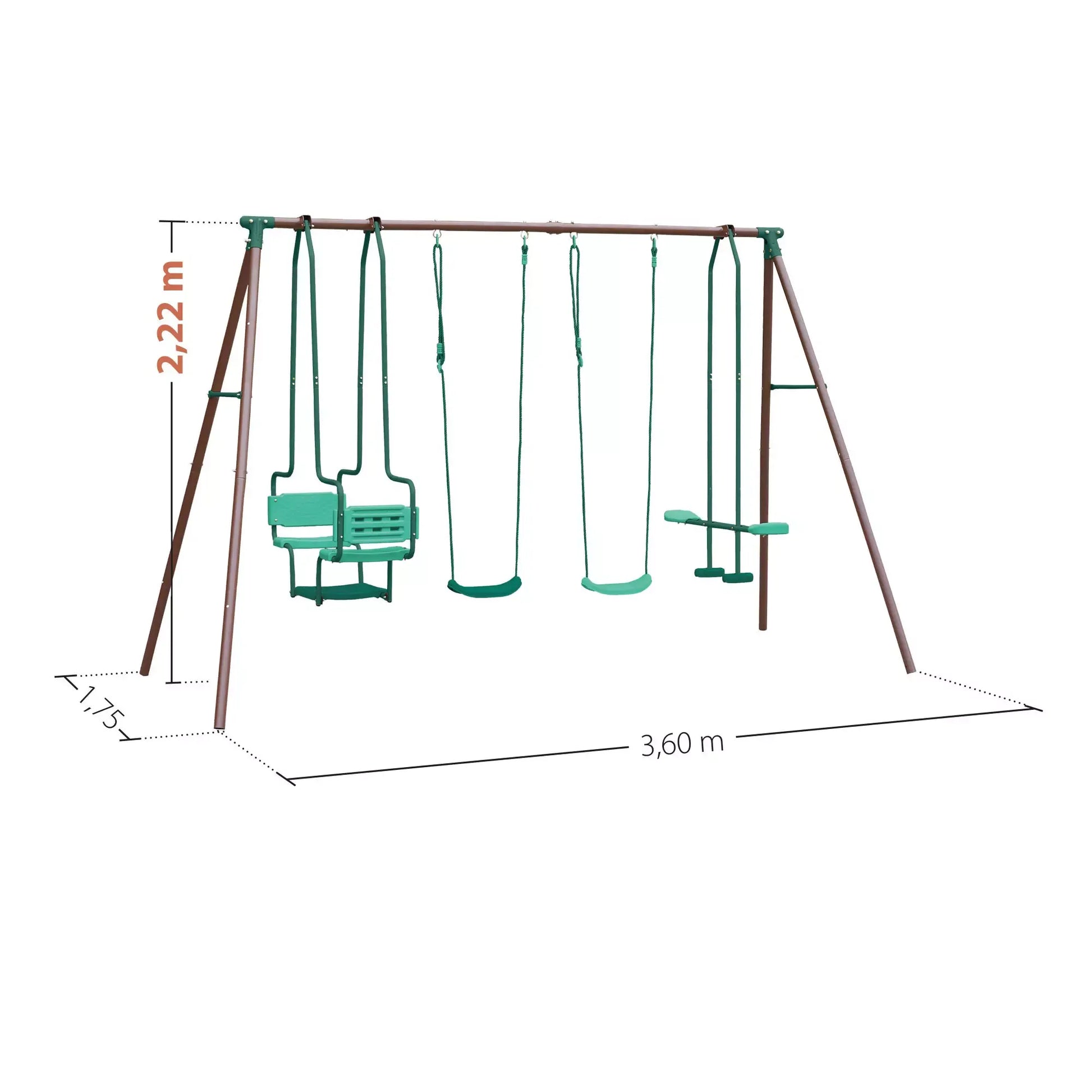 Esquema técnico com as dimensões do baloiço Malo, altura de 2,22 m e largura de 360 cm, com posição detalhada dos assentos.