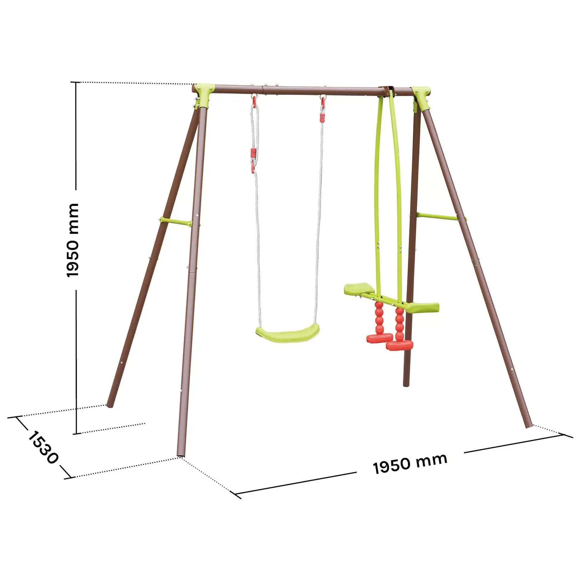 Esquema técnico das dimensões do baloiço Malo em aço galvanizado, com altura de 1,95 m e largura de 269 cm.