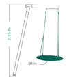 Esquema técnico das dimensões do baloiço ninho, com diâmetro de 100 cm e cordas ajustáveis entre 80 cm e 180 cm.