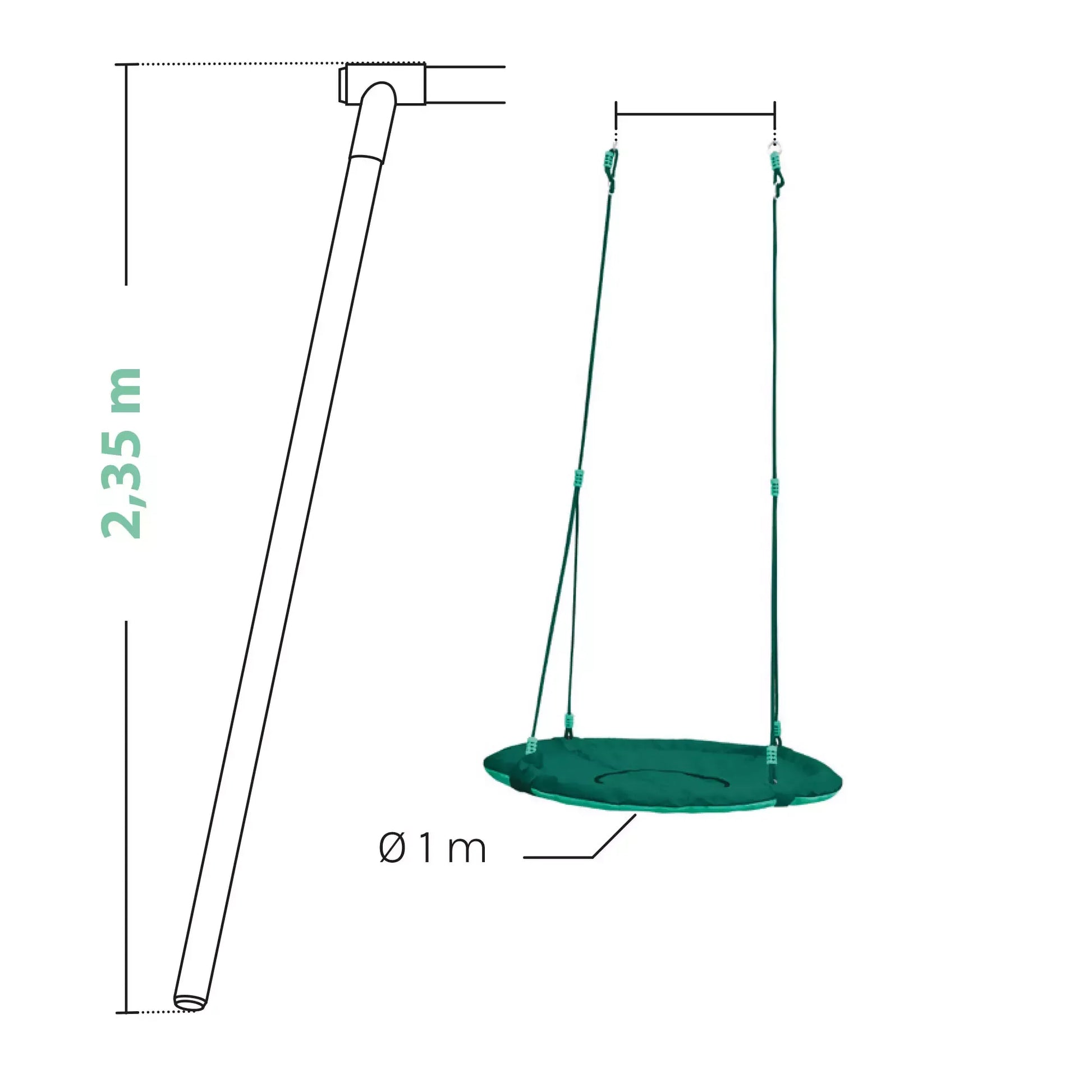 Esquema técnico das dimensões do baloiço ninho, com diâmetro de 100 cm e cordas ajustáveis entre 80 cm e 180 cm.