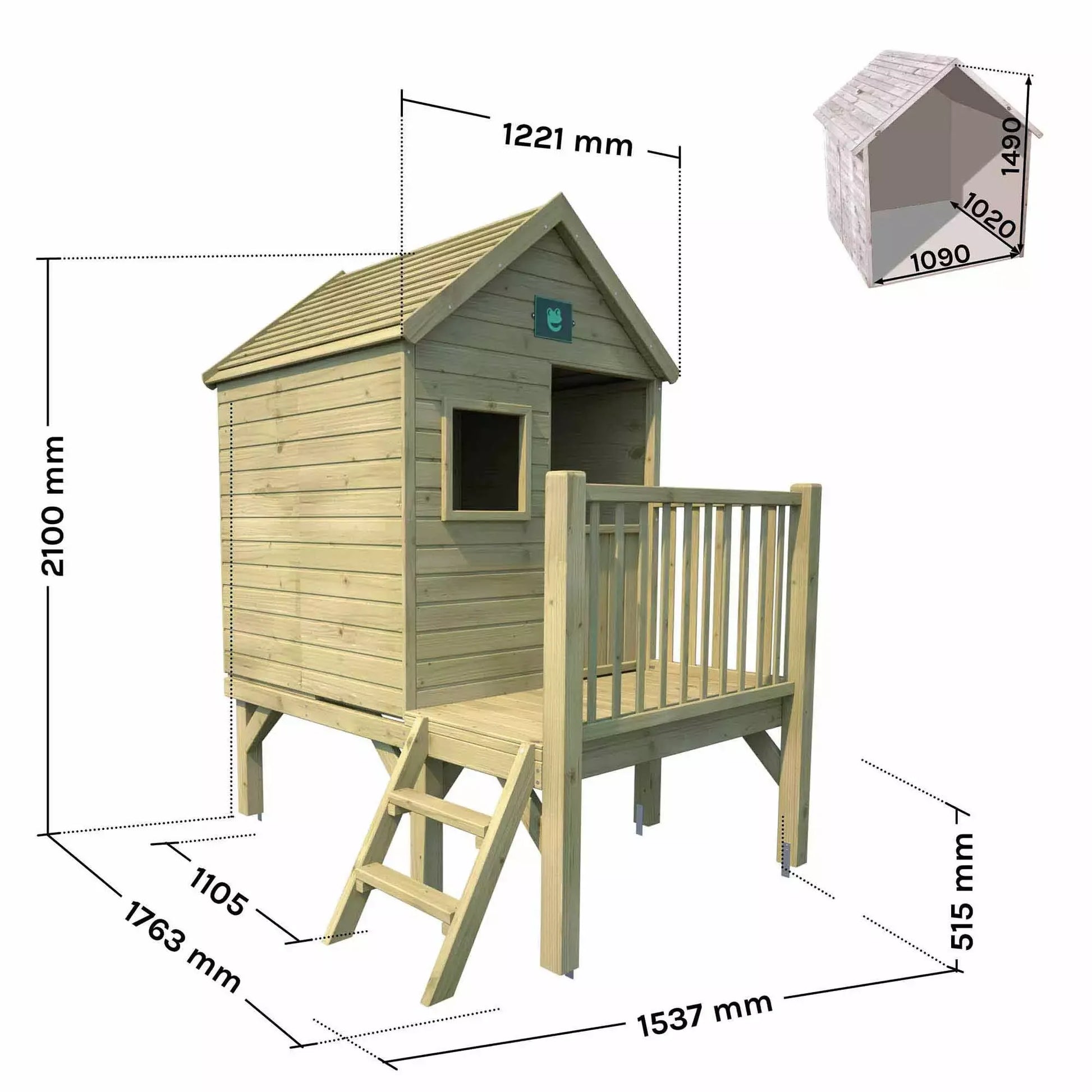 Esquema técnico com as dimensões da casinha Winny, incluindo a altura total de 210 cm e a área interior de 1,11 m².