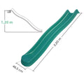 Esquema técnico com as dimensões do escorrega em plástico verde: 2,20 m de comprimento, 46,5 cm de largura, para plataformas de 1,20 m.