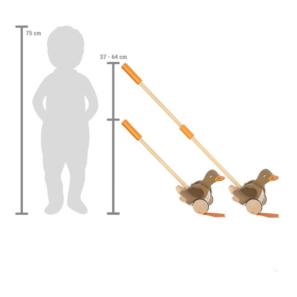 Esquema das dimensões do brinquedo de empurrar em relação a uma criança.