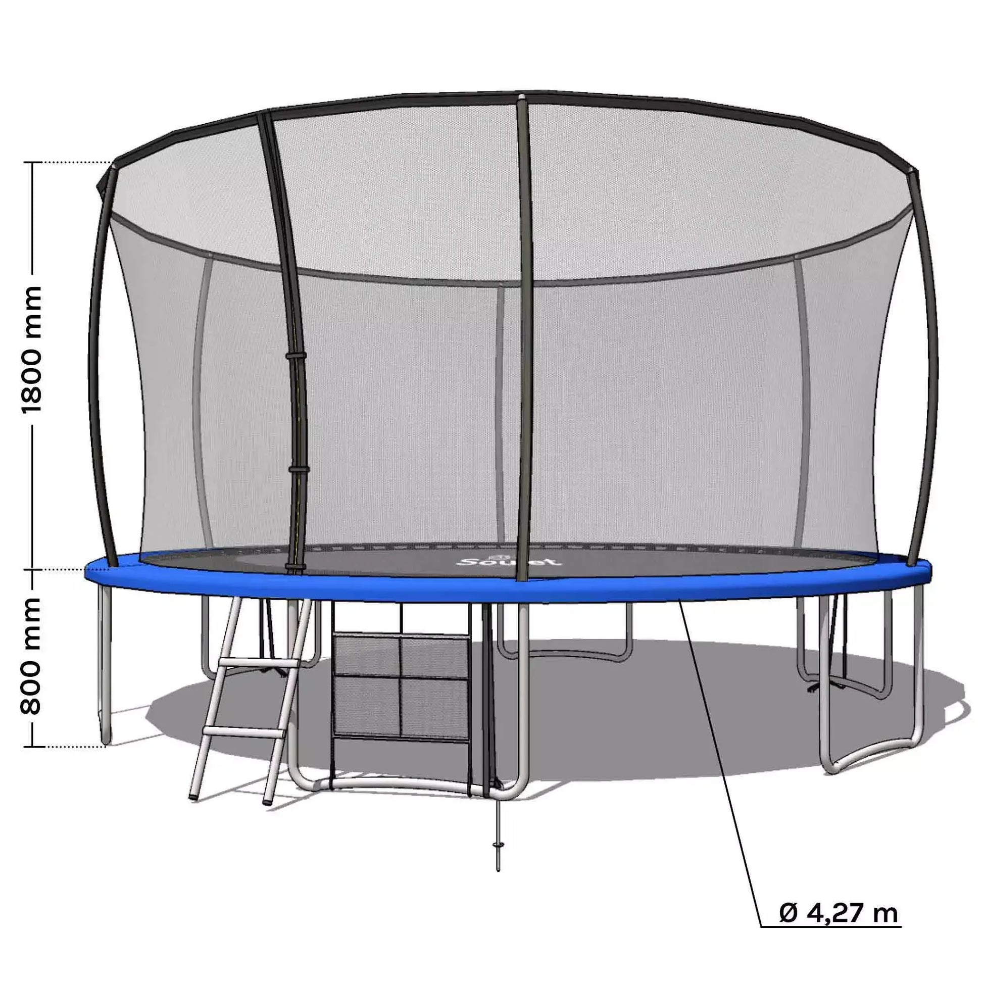 Esquema técnico das dimensões do trampolim de 4,27 m, com altura total de 2,60 m e área de salto de 11,46 m².