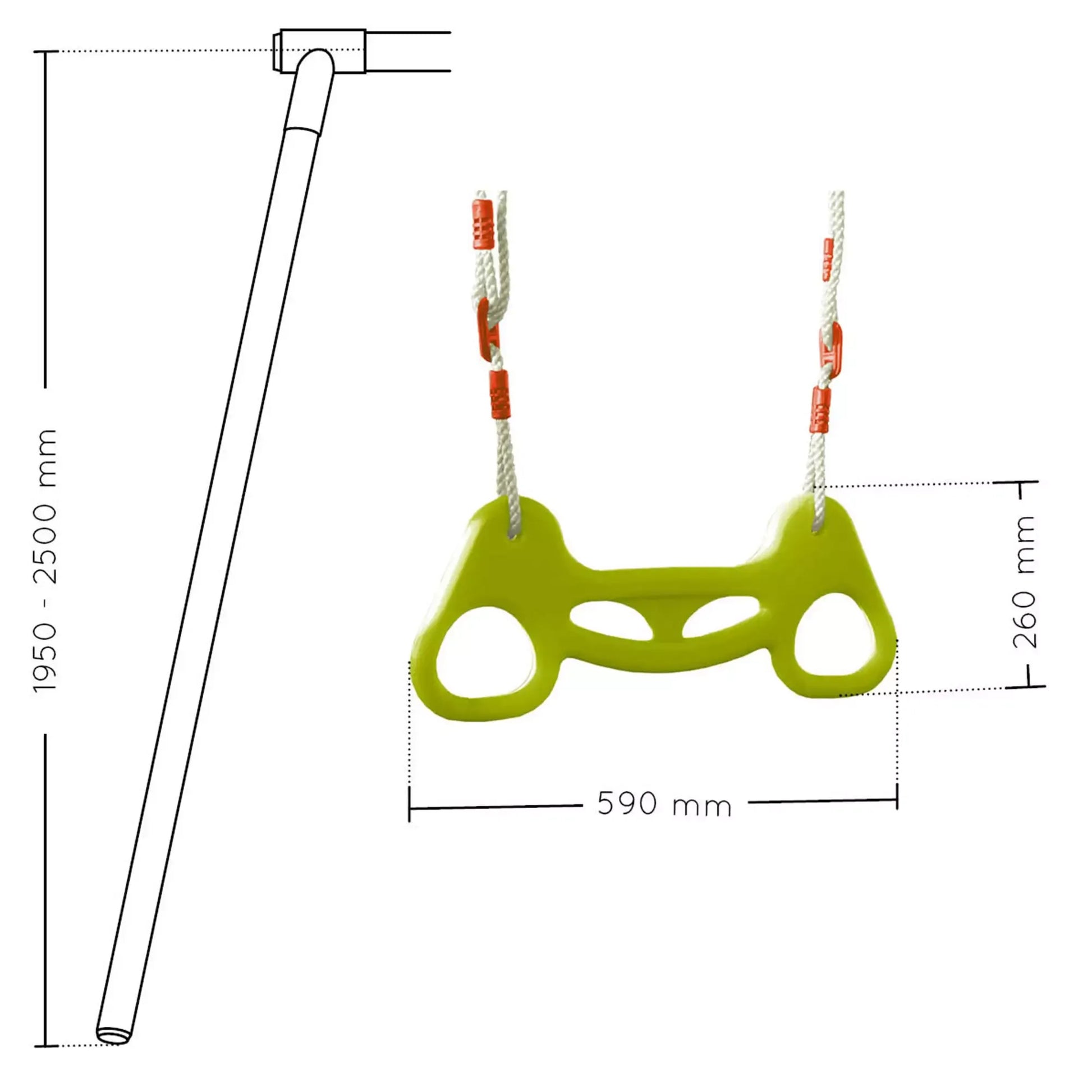 Esquema técnico com dimensões do trapézio de argolas em plástico, largura de 590 mm, altura ajustável entre 83 cm e 115 cm.