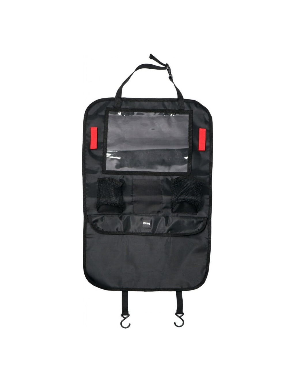 Capa organizadora Ding preta para assento de carro, vista frontal, com compartimento transparente para tablet e bolsos de arrumação.