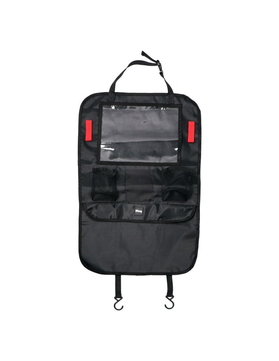 Capa organizadora Ding preta para assento de carro, vista frontal, com compartimento transparente para tablet e bolsos de arrumação.
