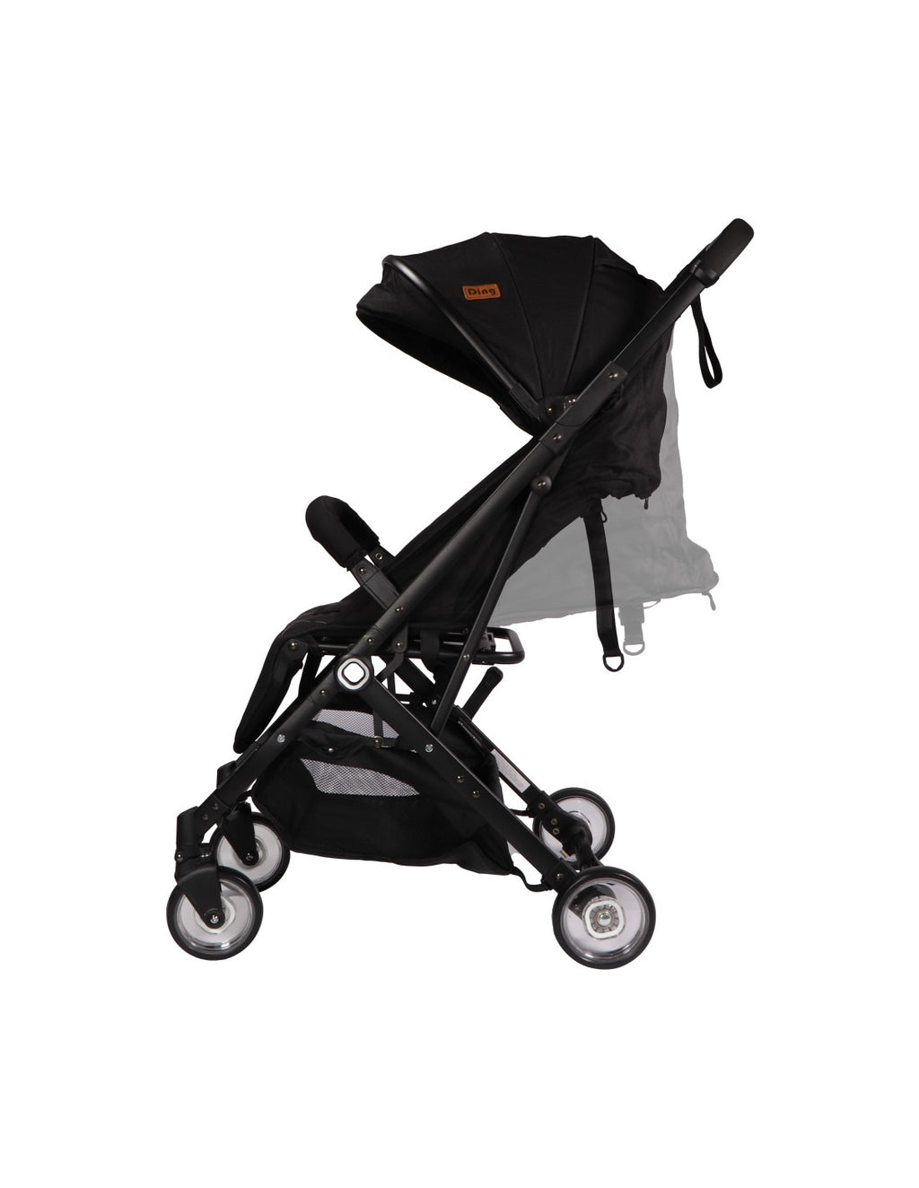 Carrinho de passeio Ding Vivo preto, visto de lado, com capota e cesto de arrumação visíveis. Design compacto.
